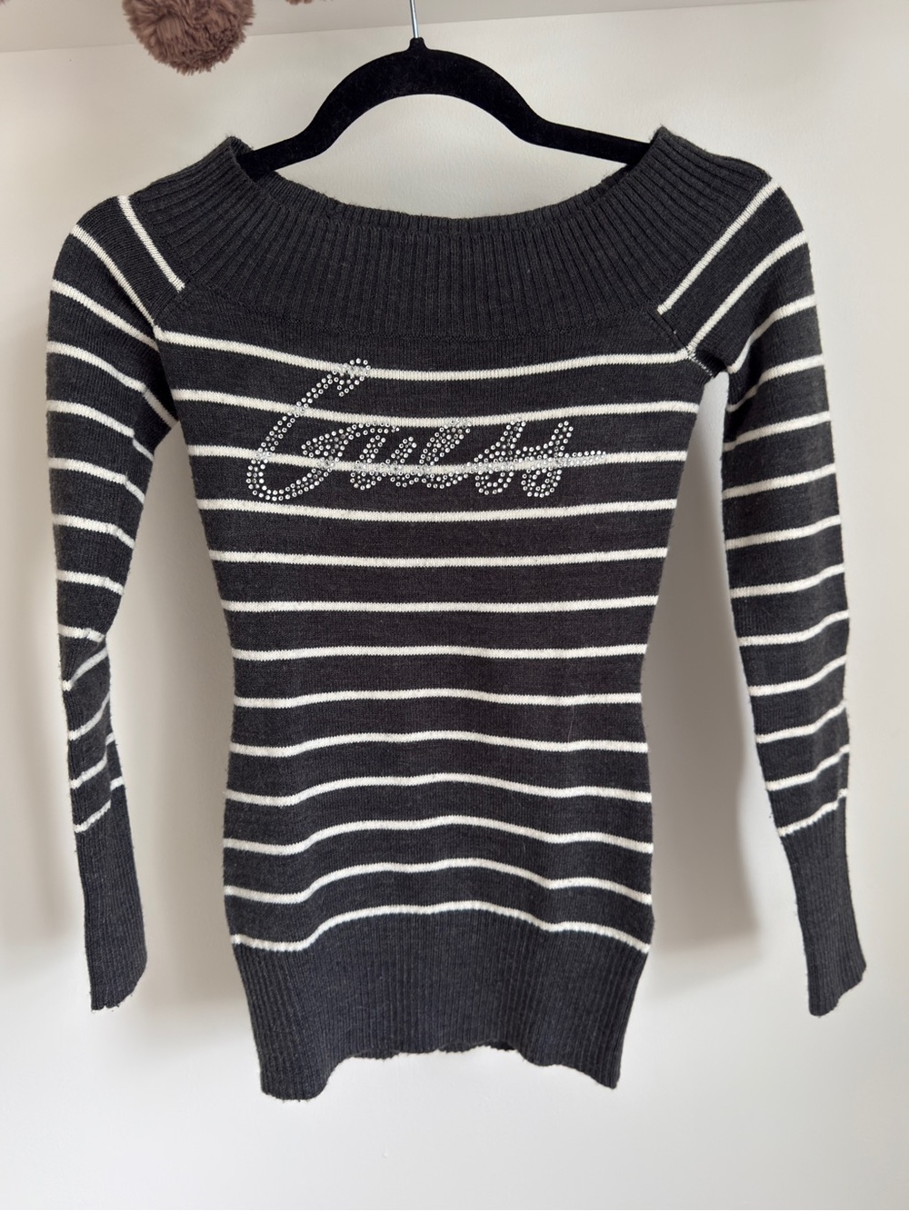 Vintage Guess Y2K McBling Rhinestone Logo Striped Sweater XS